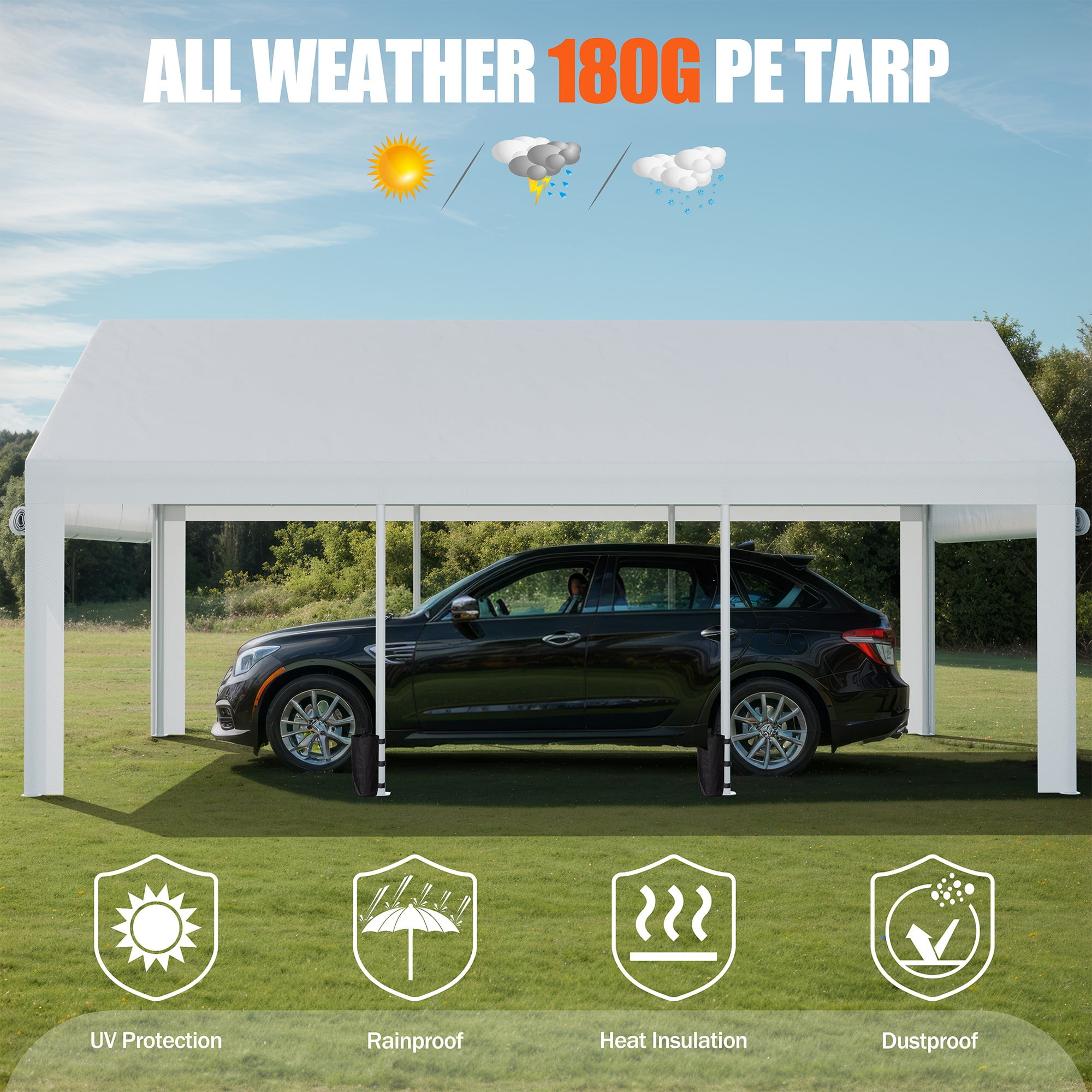 Walsunny Carport 10x18.5 ft Heavy Duty Canopy with Roll-up Windows Portable Garage with Removable Sidewalls & Doors Car Canopy Grey