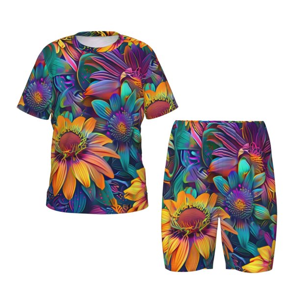 Balery Psychedelic Sunflowers Conjunto de Pijama Infantil de Manga Corta con Estampado – Ropa de Dormir de Algodón Suave-Large