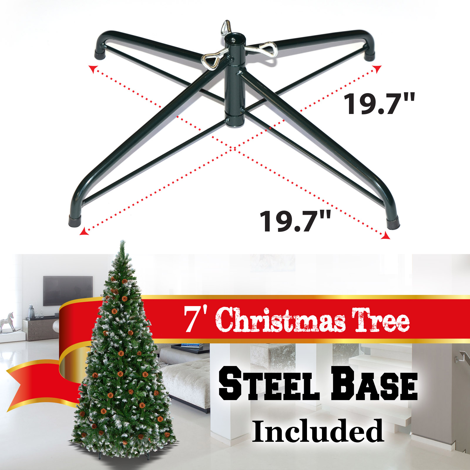 Sunrise Artificial 7' Snow Tipped Christmas Tree with Pine Cones and Steel Stand -Unlit (7' with 1003 Tips and 39 pinecones)