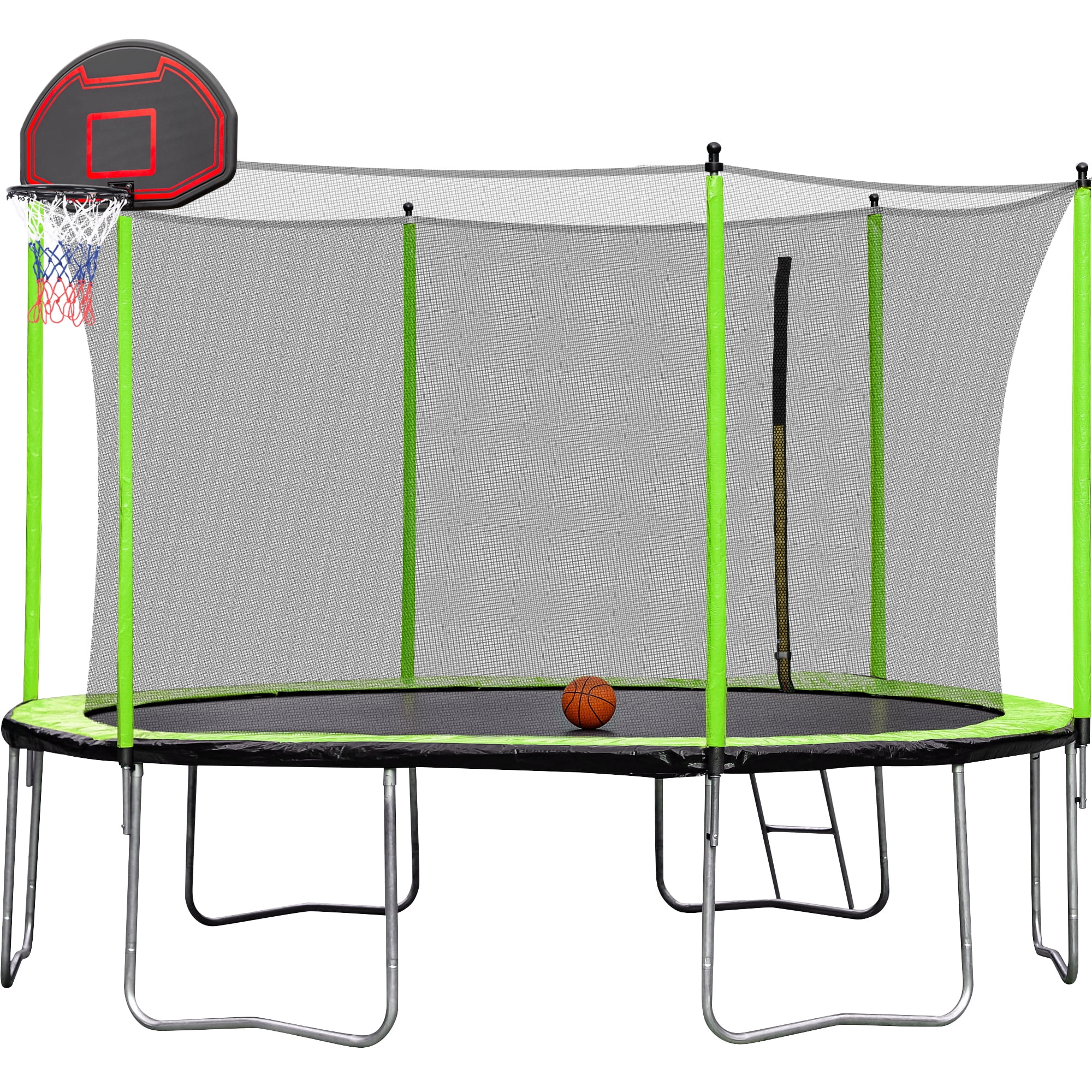 moobody 14FT Trampoline with Basketball Hoop Inflator and Ladder(Inner Safety Enclosure) Green