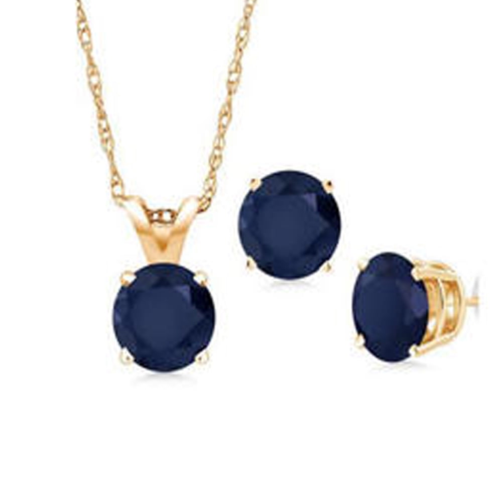 PJ Jewelry 18K Yellow Gold 1ct Blue Sapphire Round 18 Inch Necklace and Earrings Set Plated