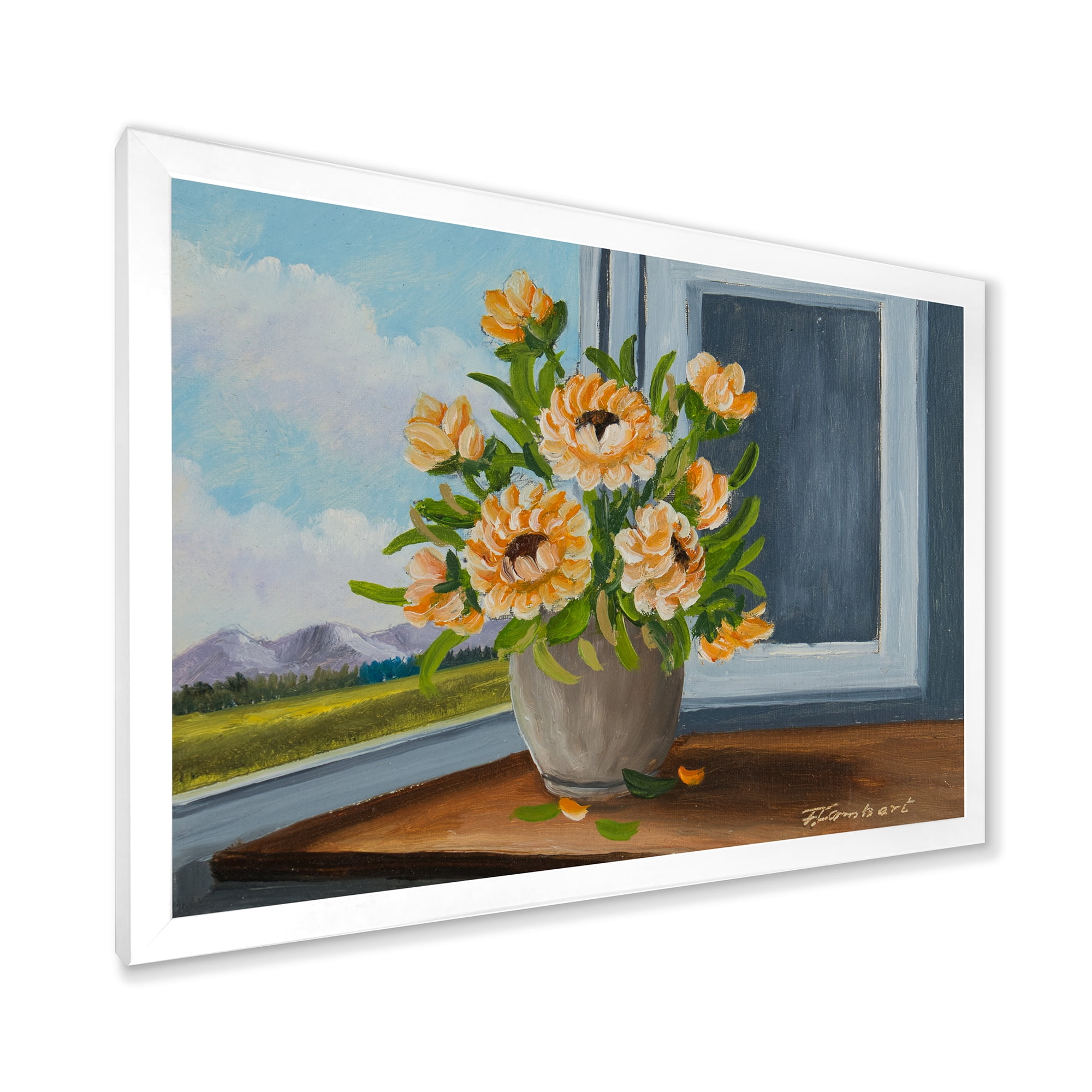 Designart 'Still Life With Orange Flowers In Vase At The Window' Traditional Framed Art Print