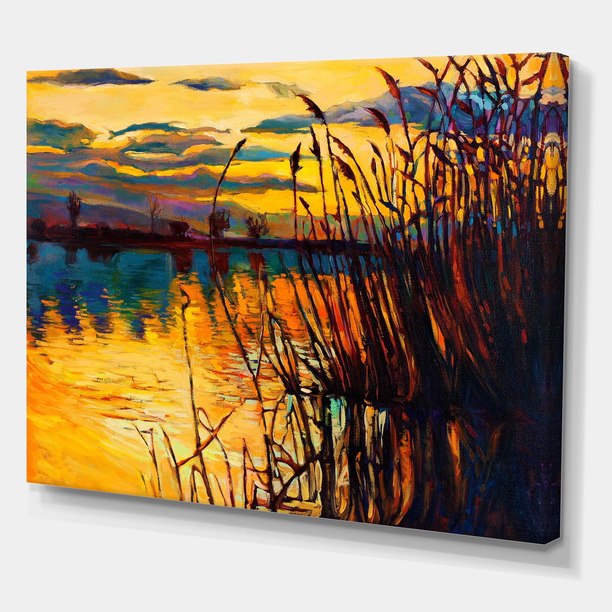 Designart ' Yellow Evening Glow Through The High Grass By The Lake ' Nautical & Coastal Canvas Wall Art Print