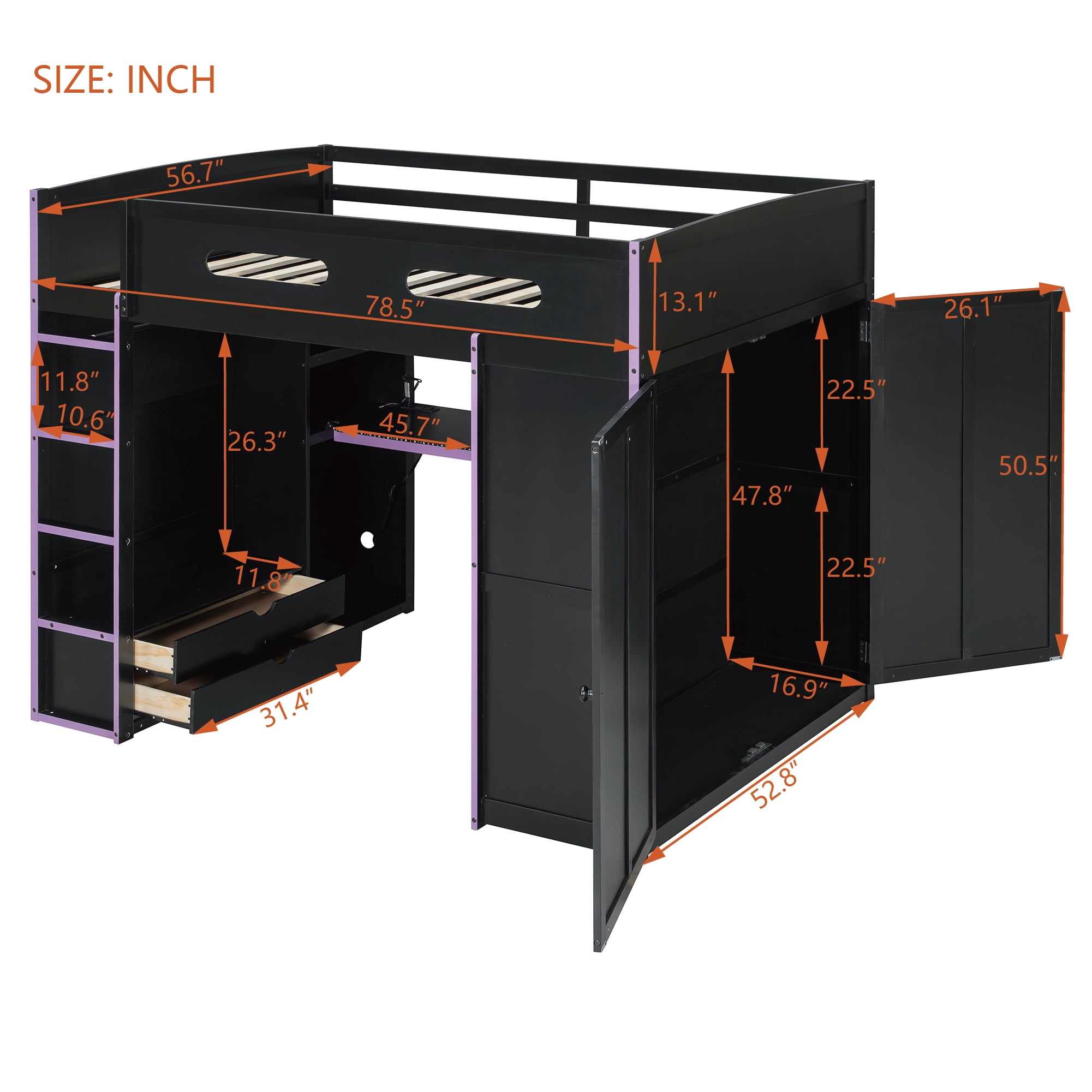 Mintazer Full Size Gaming Loft Bed with Desk & Dual Wardrobes, Esports Loft Bed with RGB LED Light & Storage Drawers, Black & Purple