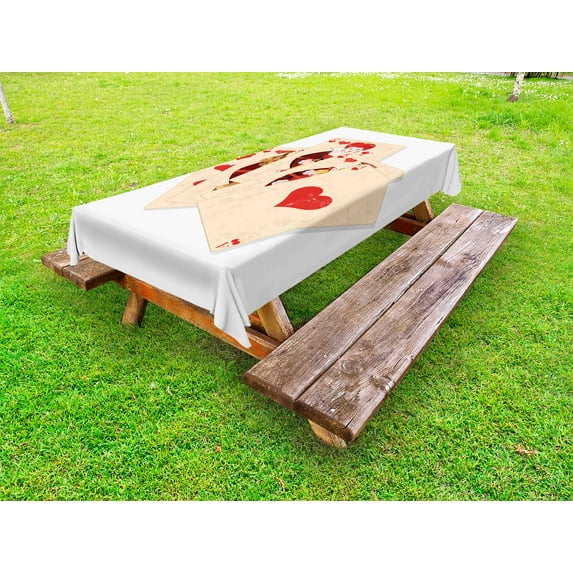 Alice in Wonderland Outdoor Tablecloth, Crown Gambler Queen Hearts Royal Fairy Flush Face Magic Theme, Decorative Washable Fabric Picnic Table Cloth, 58 X 84 Inches,Brown Red and Ecru, by Ambesonne