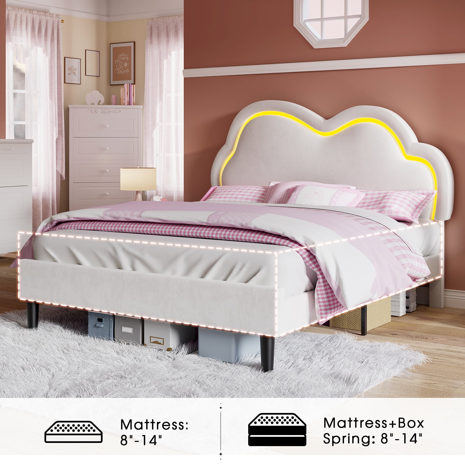 Merluxy Full Bed Frame with LED Light,Adjustable Cloud Headboard,No Box Spring Needed,Cream