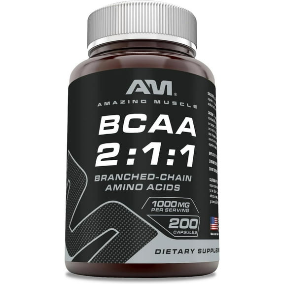 Amazing Muscle BCAA 2:1:1-1000 Mg, 200 Capsules - Supports Exercise Performance - Helps to Improve Excercise Endurance - Promotes Lean Muscle Mass