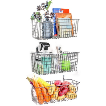3 Set Extra Large Hanging Wall Basket For Storage Mount Sy Steel Wire Baskets Metal Hang Cabinet Bin Organizing Rustic Farmhouse Decor Kitchen Bathroom Organizer Gray Canada - Wall Mounted Storage Baskets Uk