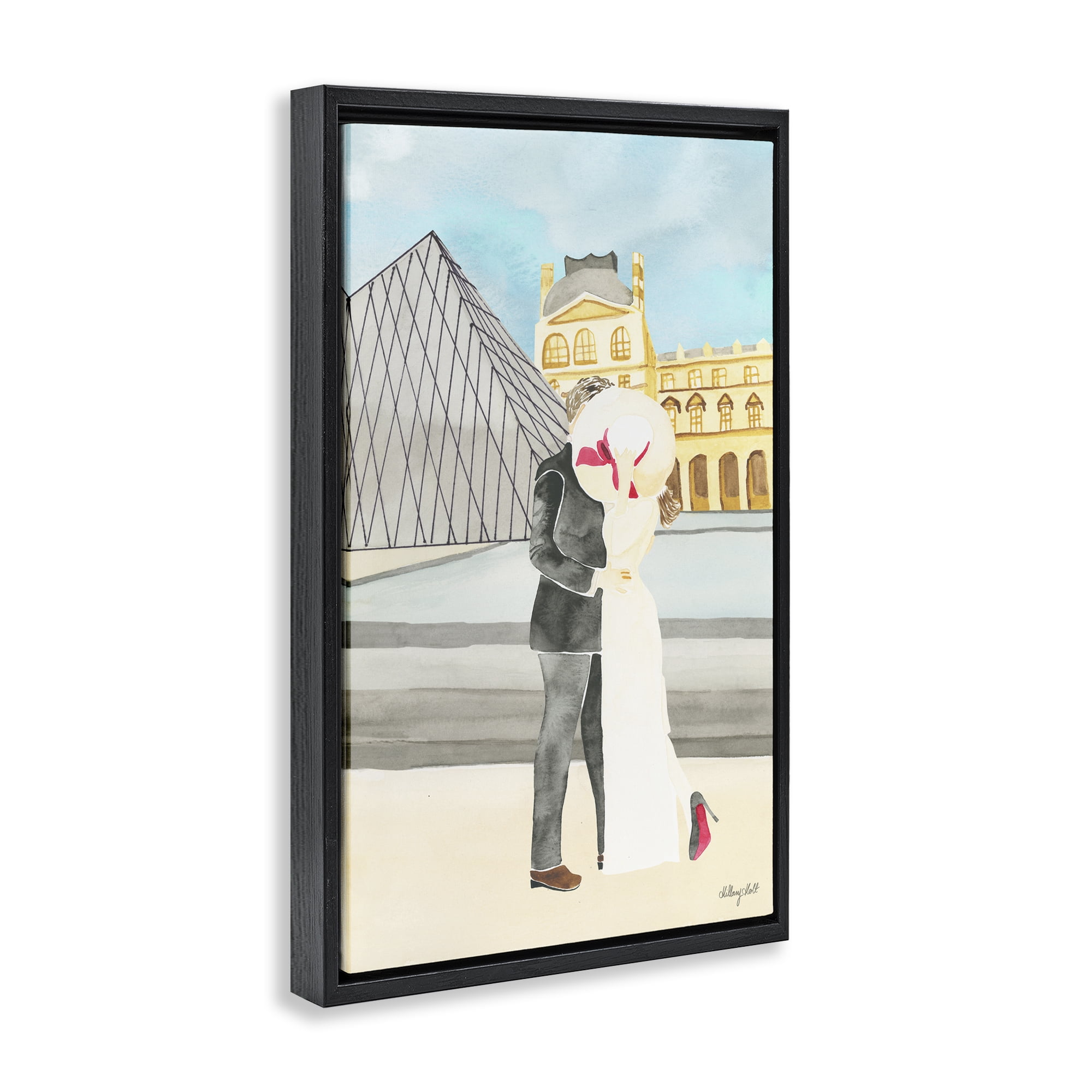 Stupell Industries Couple Embrace At The Louvre Black Framed Floater Canvas Wall Art, design by Hillary Holt