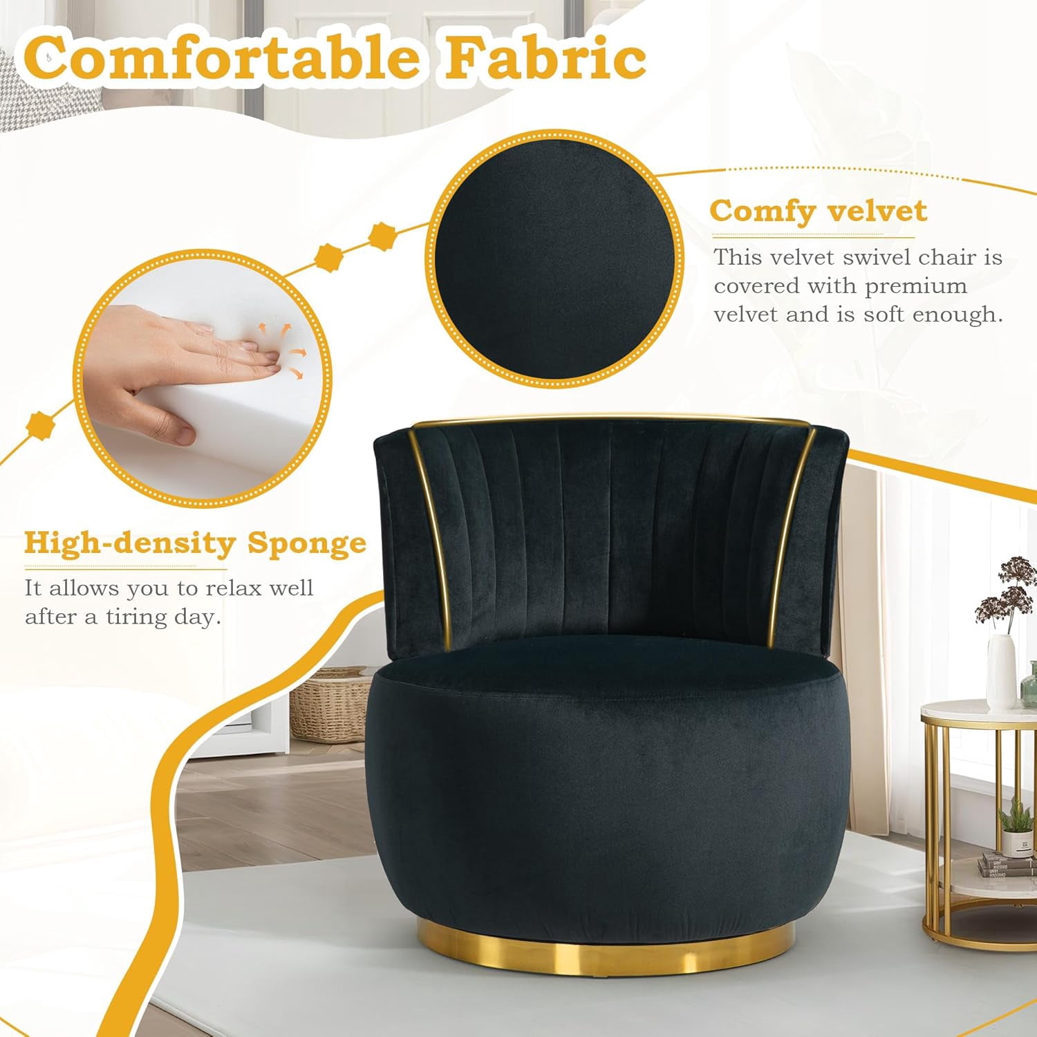 Aukfa 360-Degree Swivel Barrel Chair, Modern Velvet Round Accent Chair for Nursery and Living Room, Black