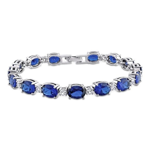 Miabella 32 CT TGW Oval Created Blue and White Sapphire Bracelet in Sterling Silver