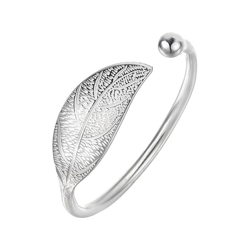 Silver Open Bangle Bracelet with Leaf Design – Elegant and Chic