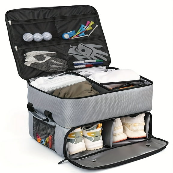 Golf Trunk Organizer Car Golf Locker with Separate Ventilated Compartment for 2 Pair Shoes, Tees, Golf Trunk Storage for Balls Golf Gifts for Men and Women-Light Grey