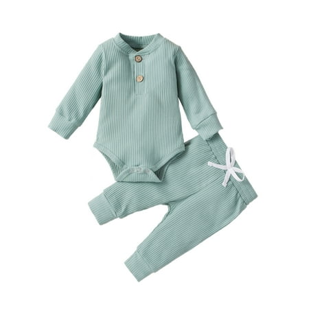 

YWDJ 0-24M Boys Girls Outfit Sets Infant Newborn Ribbed Solid Bodysuits+Elastic Pants Outfits Set Mint Green 100