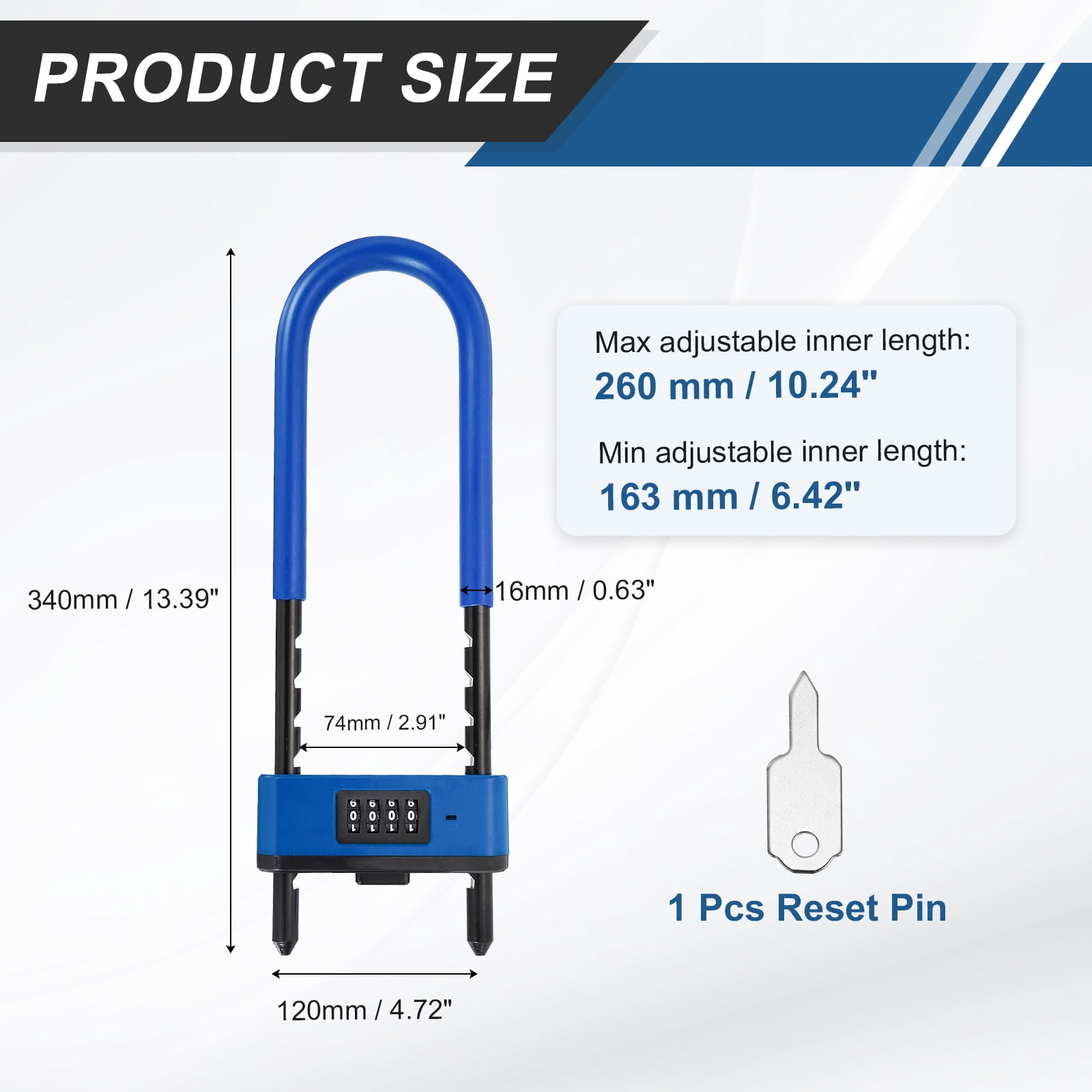 Uxcell 4 Digit Combination Padlock, Long Shackle Padlock - [6.42" - 10.24", Blue], U-Shape Adjustable Shackle Lock for Bicycles Electric Bikes Mountain Bikes Glass Doors Gates