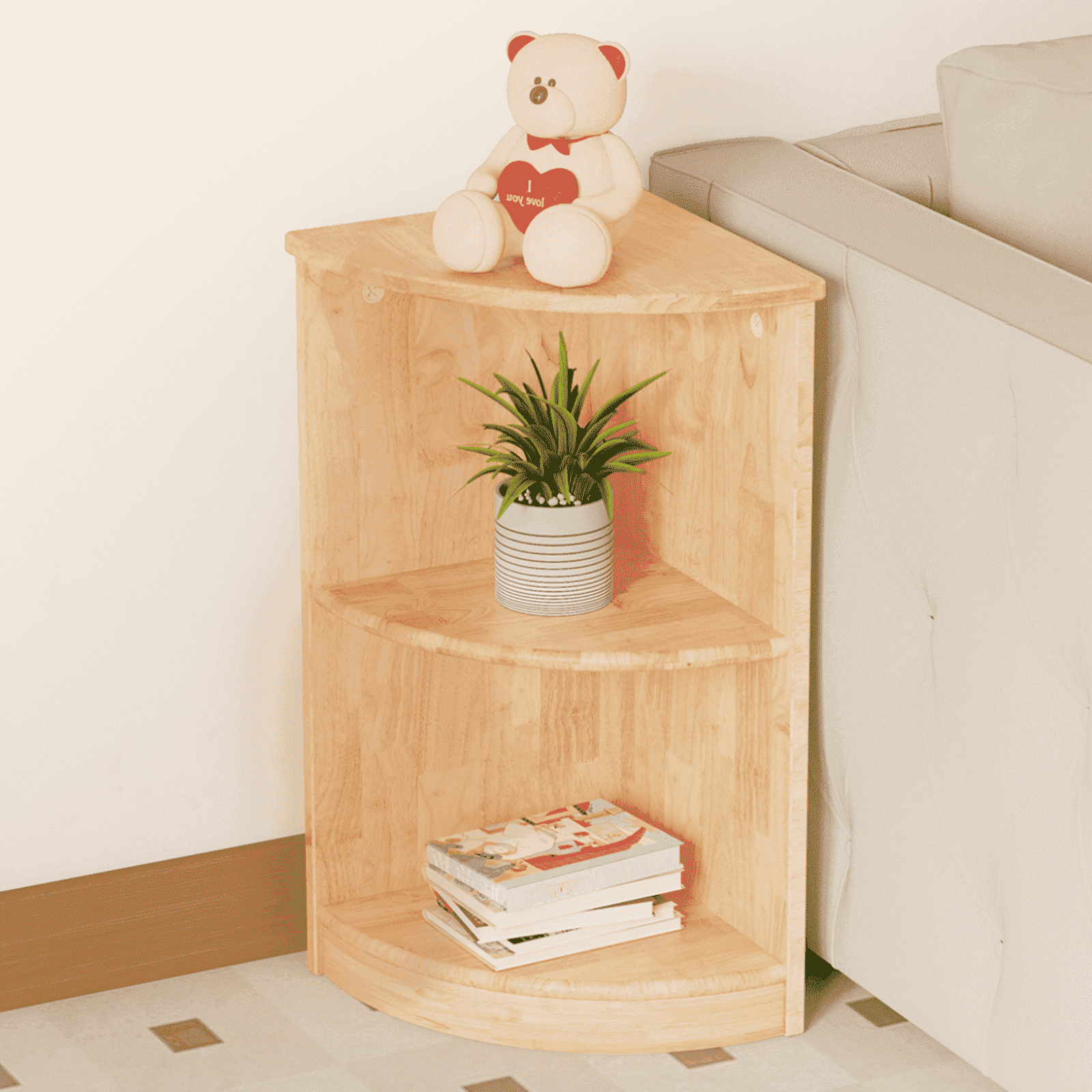 Sweet Time Corner Cabinet 2-Tier Toy Organizers and Storage, Rubber Wood Triangular Montessori Shelf for Kids Room, Playroom, Nursery, Classroom, Kindergarten