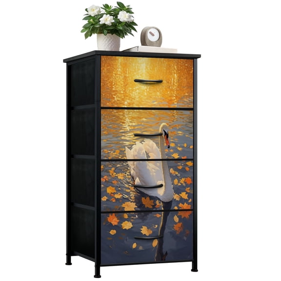 Swan Dresser for Bedroom with 4 Storage Drawers White Swan Autumn Lake Canvas Print Vintage Aesthetic Exquisite Dressers Chest of Drawers Steel Framed Fabric Closet Organizers for Entryway