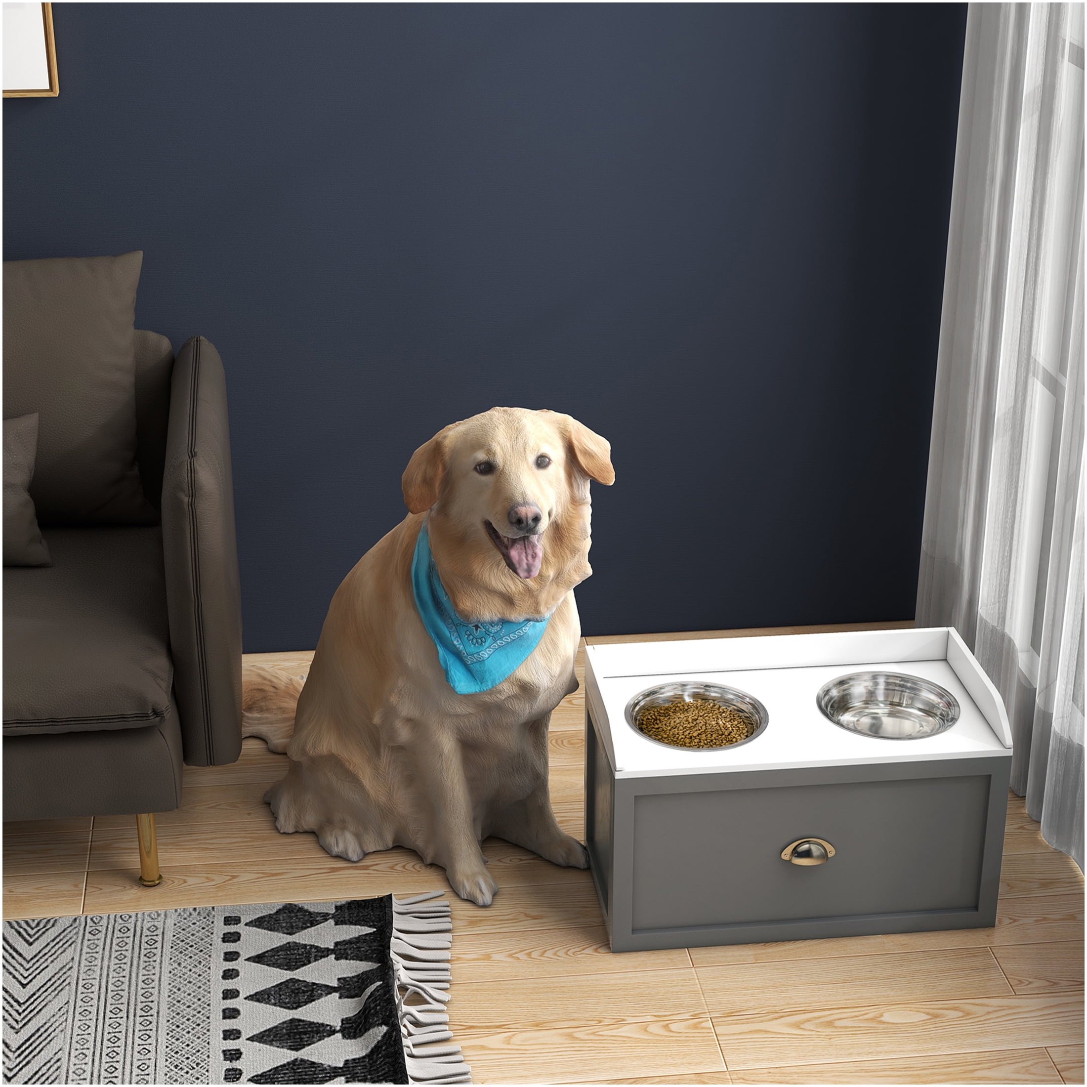 JERFIT 21L Storage Raised Dog Feeder Stand with 2 Stainless Steel Bowls, Elevated Dog Bowls for Large Dogs, Gray