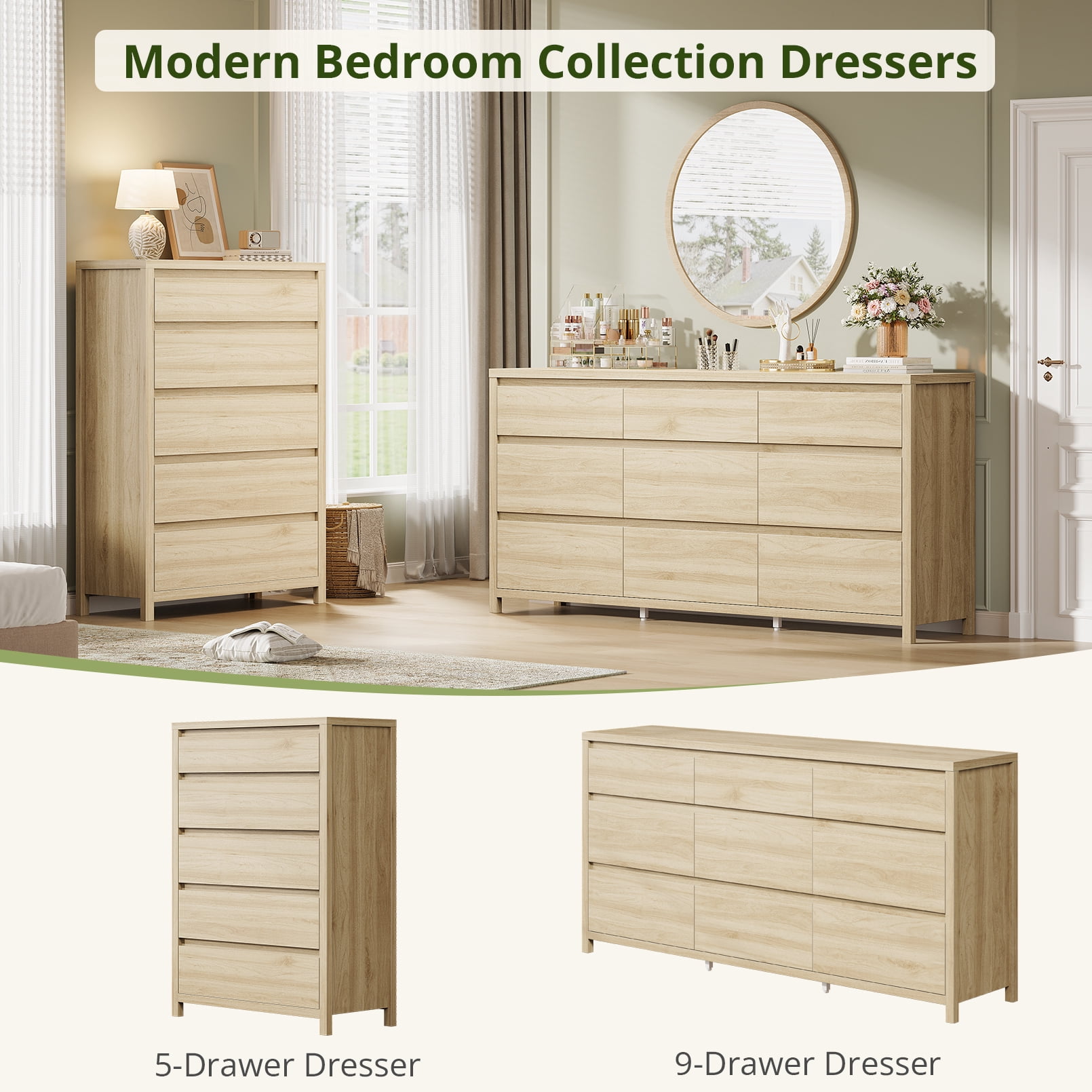5 Drawer Dresser for Bedroom, 48" Tall Wooden Closet Dresser with Smooth Drawer, Large Tall Dressers & Chests of Drawers for Bedroom Living Room, oak