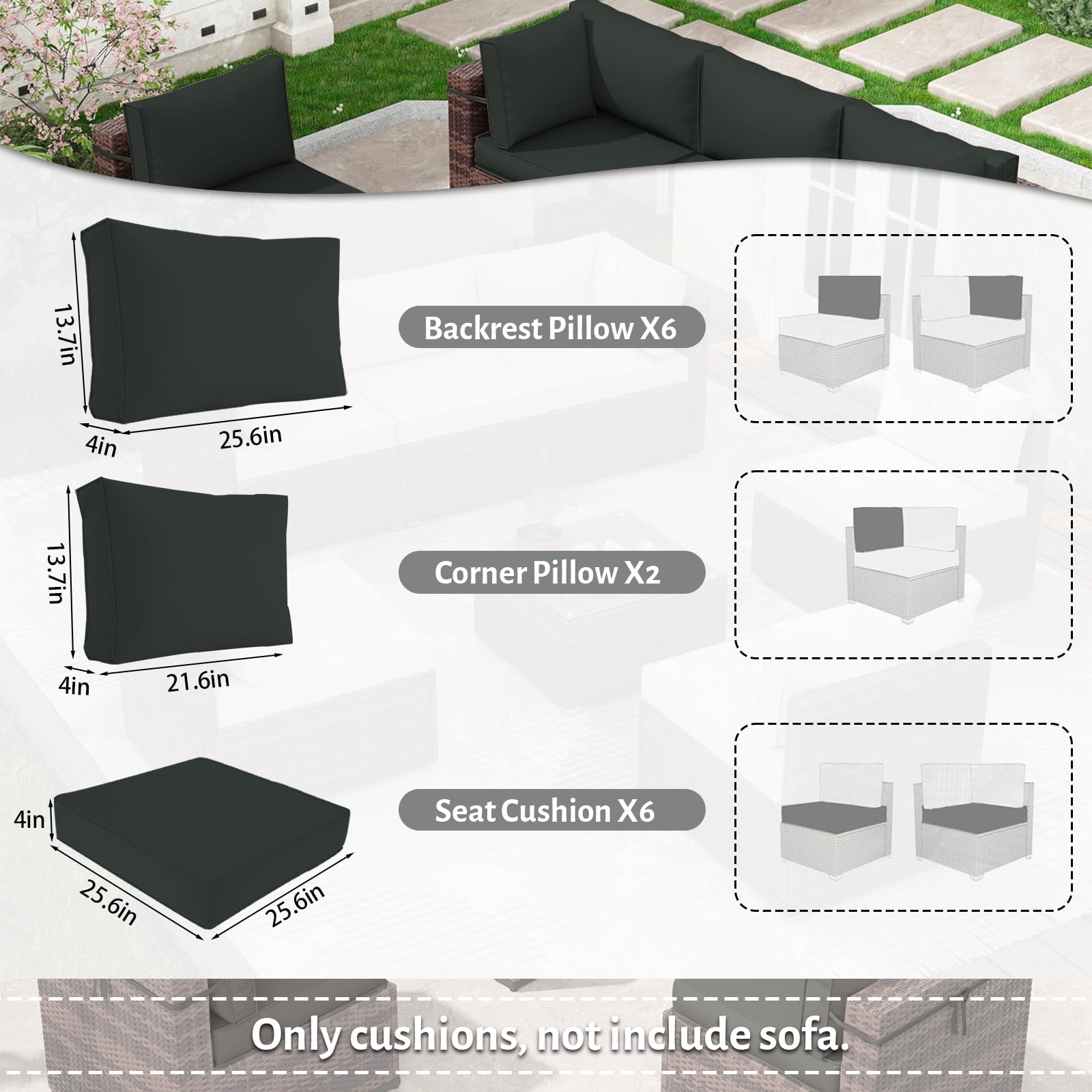 HONEY HOME 14 Piece Patio sectional cushions relacement set, 4" Outdoor Furniture Couch Cushion Fits 6-Seat Sectional Rattan Conversation Set, Waterproof, Fade-Resist