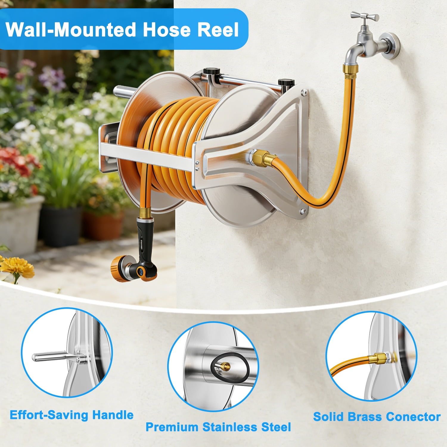 FANHAO Wall Floor Mounted Garden Hose Reel, Outdoor Heavy-Duty Water Hoses Holder Winder, Holds 125 Ft of 5/8-Inch Hose, Brass Fitting (Hose Not Included)