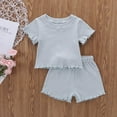 thumbnail image 4 of 2 Pcs Bébé Fille Couleur Unie Manches Courtes Côtelées Col Rond + Shorts Rose 3-4 Ans, 4 of 9