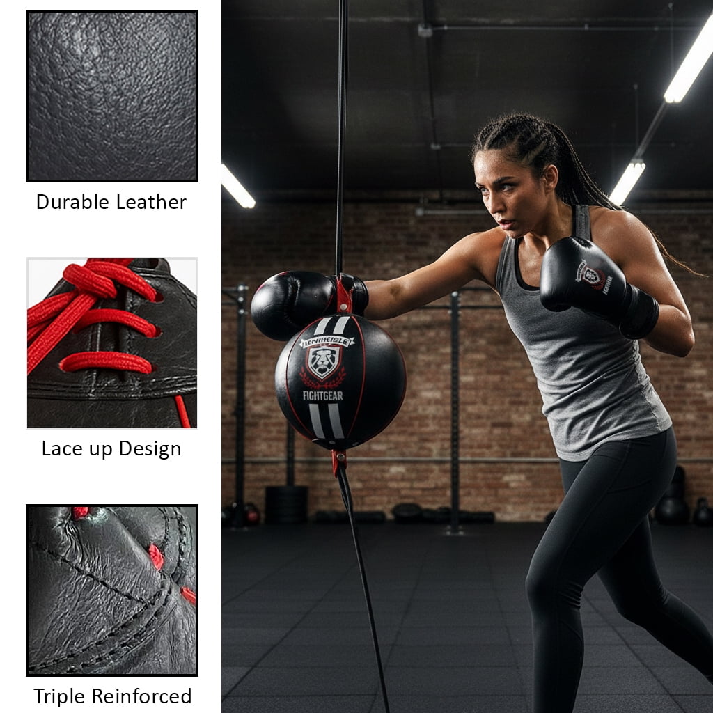 Professional Leather Double End Boxing Bag with Bungee Cords for Boxing, MMA, Muay Thai, Fitness Speed Dodge Reflex Ball, Floor to Ceiling Training, 9 Inch