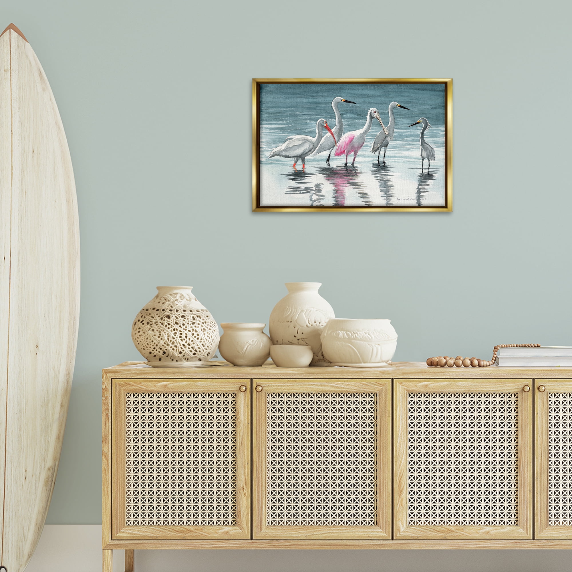 Stupell Industries Herons Stepping in Shore Animals & Insects Painting Gold Floater Framed Canvas Art Print Wall Art, 25 x 17