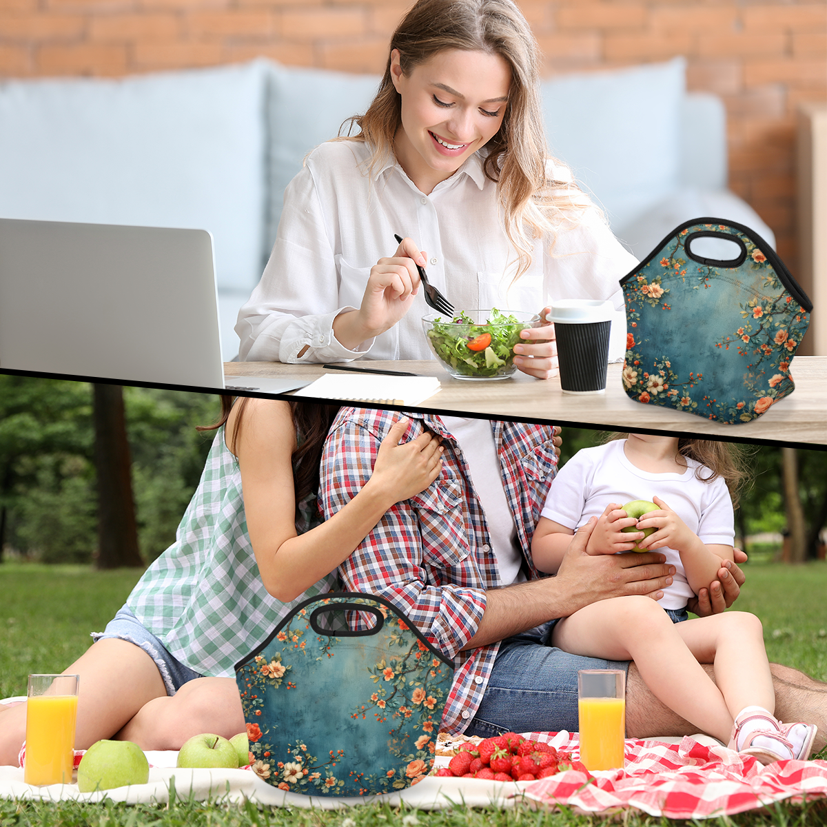 Herdesigns Vintage Floral Neoprene Lunch Bag, Flowers Insulated Lunch Box for Women Men Washable Lunch Tote Soft Lunch Container With Zipper for Work Picnic Travel
