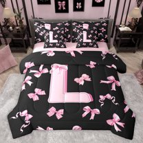Feelyou Kawaii Monogrammed L Bedding Comforter Set 7pcs for Teen, Black Pink Bow-tie King Bedding Sets, Cartoon Princess Bow Reversible Bed Sheets, Microfiber Bedroom Decor