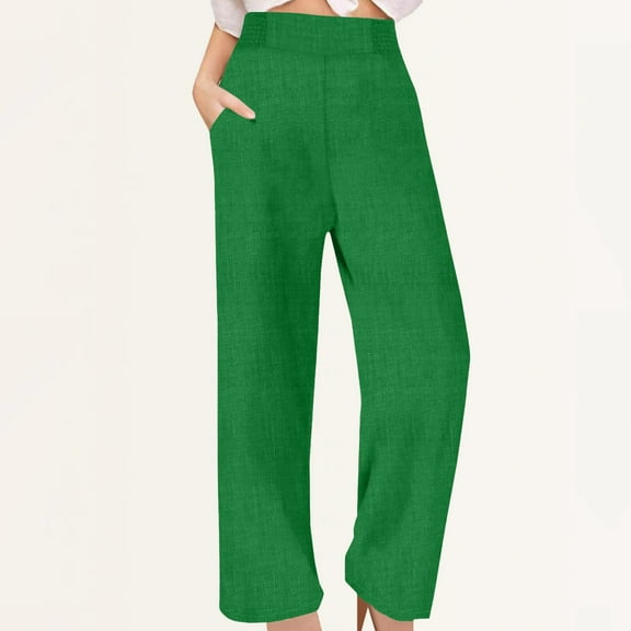 Stephy Linen Pants for Women Culottes Capris Wide Leg Palazzo Boho Pants Trousers, Green, M