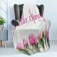 thumbnail image 4 of Peony Soft Flannel Fleece Throw Blanket, Hello Spring Typography Welcoming Composition Flower Photo, Cozy Plush for Indoor and Outdoor Use, 50" x 60", Baby Pink Fern Green, by Ambesonne, 4 of 5