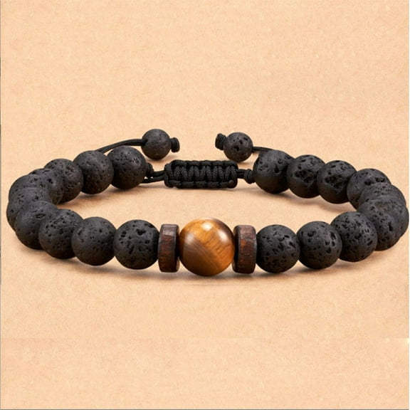 Men's Tiger Eye Bracelet with Lava Stone & Obsidian - Handmade Adjustable Gemstone Bracelet