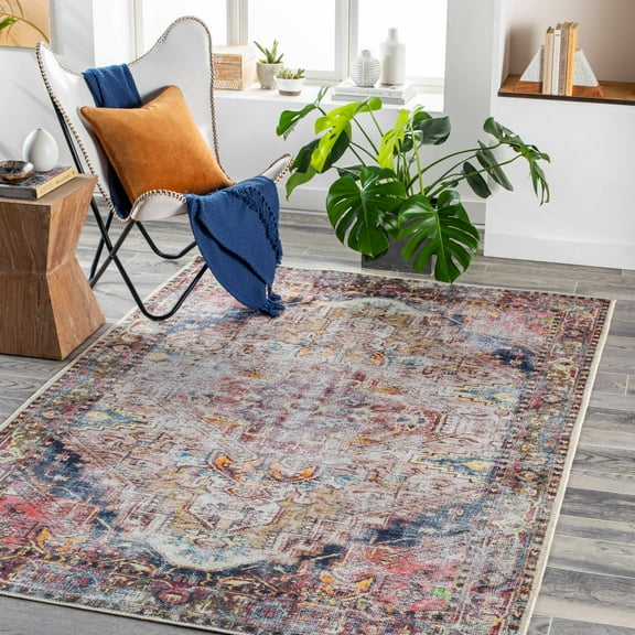 Hauteloom Monching Living Room, Bedroom Machine Washable Area Rug - Traditional - Mustard, Aqua, Navy - 5'3" x 7'3"
