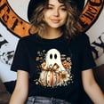 thumbnail image 3 of Ghost Pumpkin Shirt Fall Floral Halloween Tee Cute Autumn Ghost Top , Azalea, Size S, 3 of 6