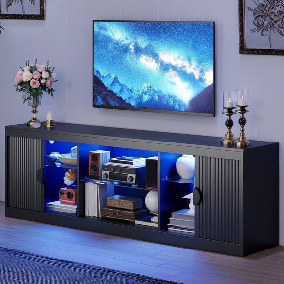 LGHM 70 inch Modern TV Stand for TVs up to 80", Fluted TV Console with LED Lights, Wood Entertainment Center, Black