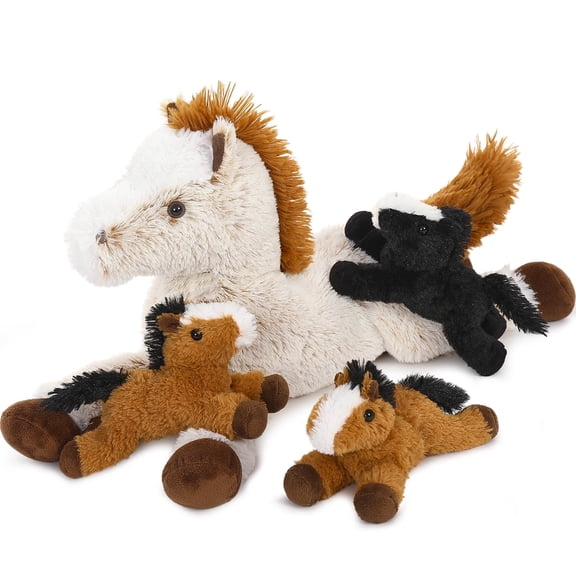 4Pcs Horse Stuffed Animal Set, 21inches Large Stuffed Mommy Horse with 3 Babies Pony Toys, Brown Stuffed Pony Plush Pillow for Boys Girls Birthday Easter Gift Decoration