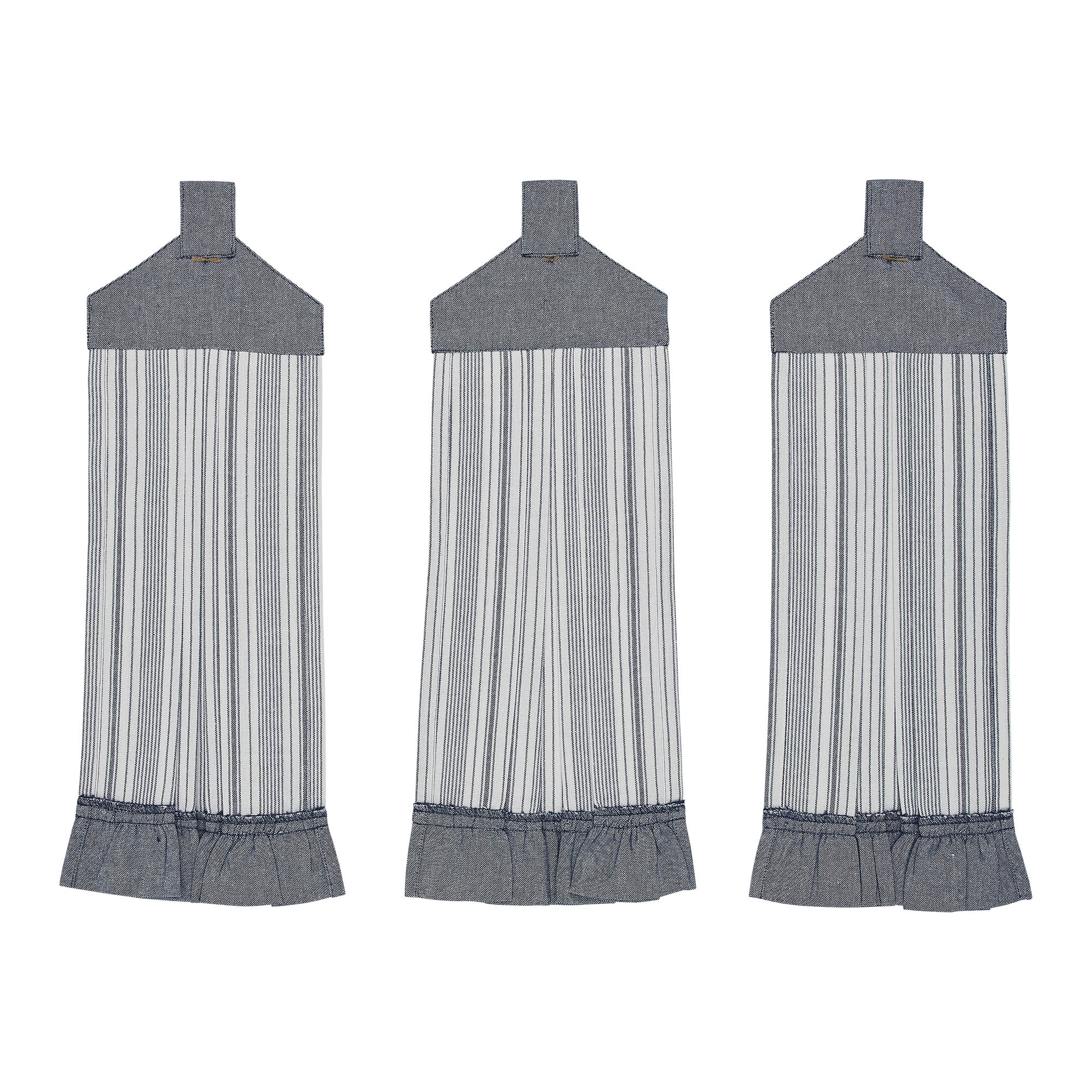 VHC Brands Cotton Sawyer Mill Blue Ticking Stripe Button Loop Kitchen Towel Set of 3, Hanging Kitchen Towel, Pleated, Bath, Kitchen, Sawyer Mill Blue Collection Denim Blue
