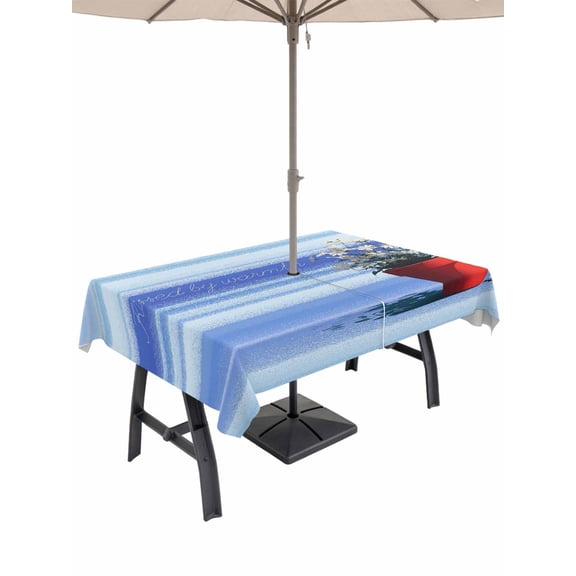 Outdoor Tablecloths with Umbrella Hole & Zipper, Blue Ombre Striped Daisy Tablecloth Rectangle 60x84 Inch, Vintage Flowers Abstract Art Waterproof Table Cloth, Patio/Pool/Picnic Table Covers