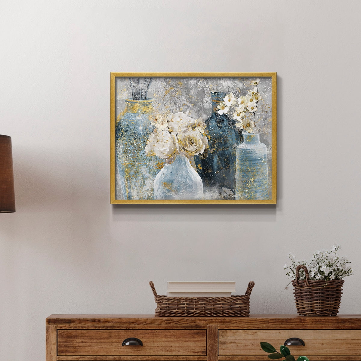Vessels and Blooms Blues by Nan - Restickable Framed Giclée Print