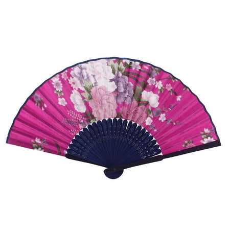 - Home Bamboo Hollow Out Handle Purple Pink Flower Print Foldable Hand Fan