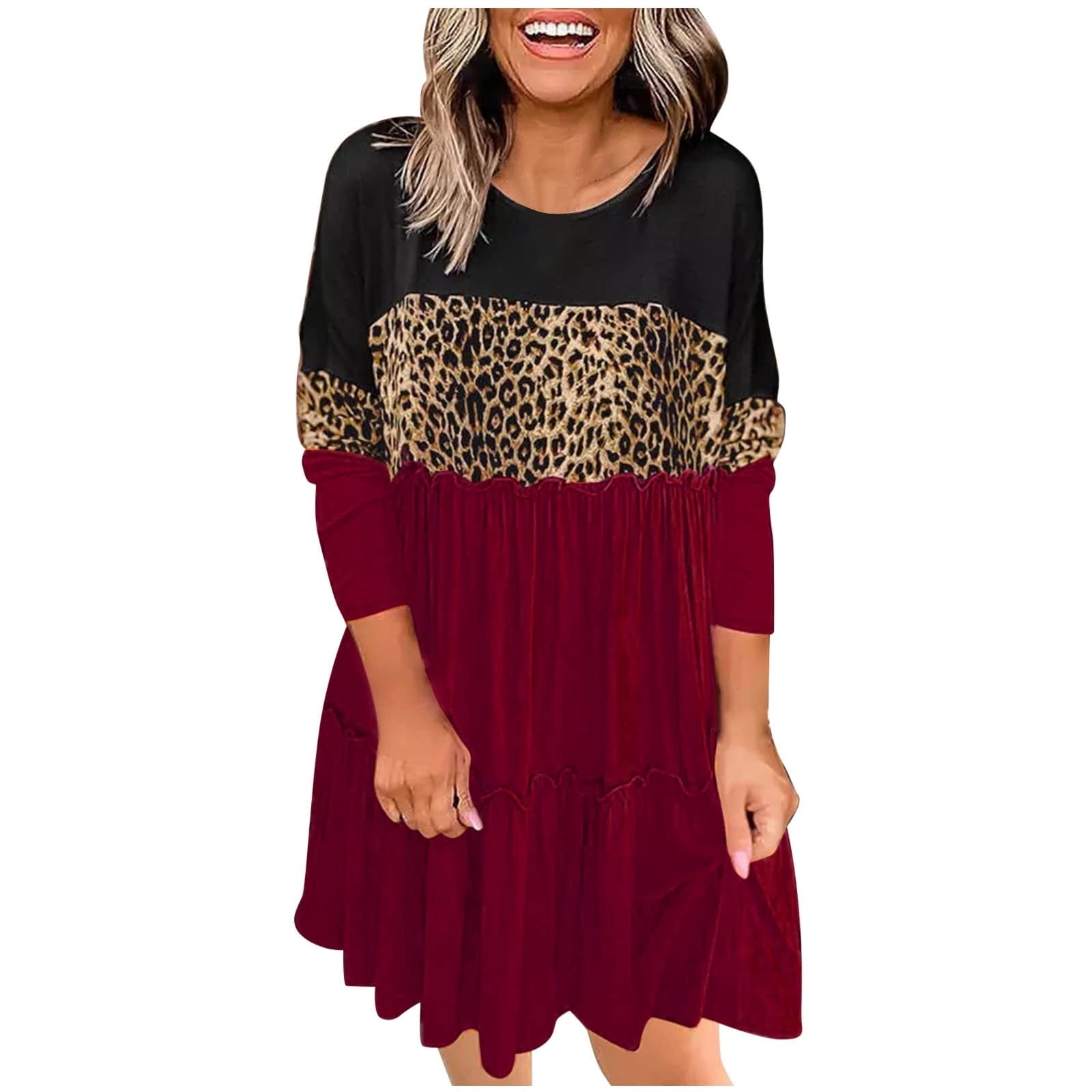 Shmily Girl Womens Long Sleeve Leopard Color Block Casual Dress with Pockets Knee Length Loose Fit