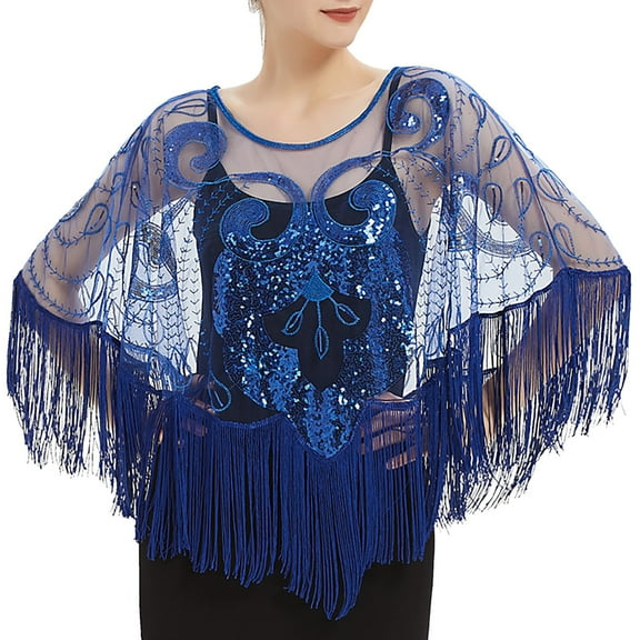 Yanyanz Summer Shawl, Women Fashionable Mesh Sequined Tassel Gown Shawl Elegant Beaded Smock Cape, shawls Blue One Size