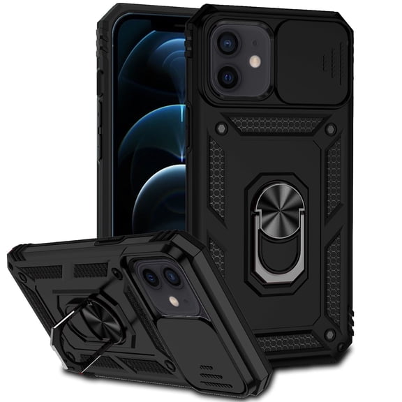 iPhone 12 / 12 Pro Kickstand Armor Case with Slide Camera Lens Protection Cover Built-in 360° Rotate Ring Holder Stand Magnetic Military Shockproof Phone Cover Case for iPhone 12 / 12 Pro, Silver