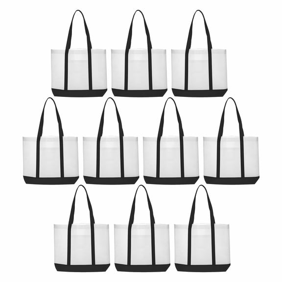 Non-Woven Tote Bags, 10 Pack, Trim Color, Durable Water-Resistant Shopping Bags, Black
