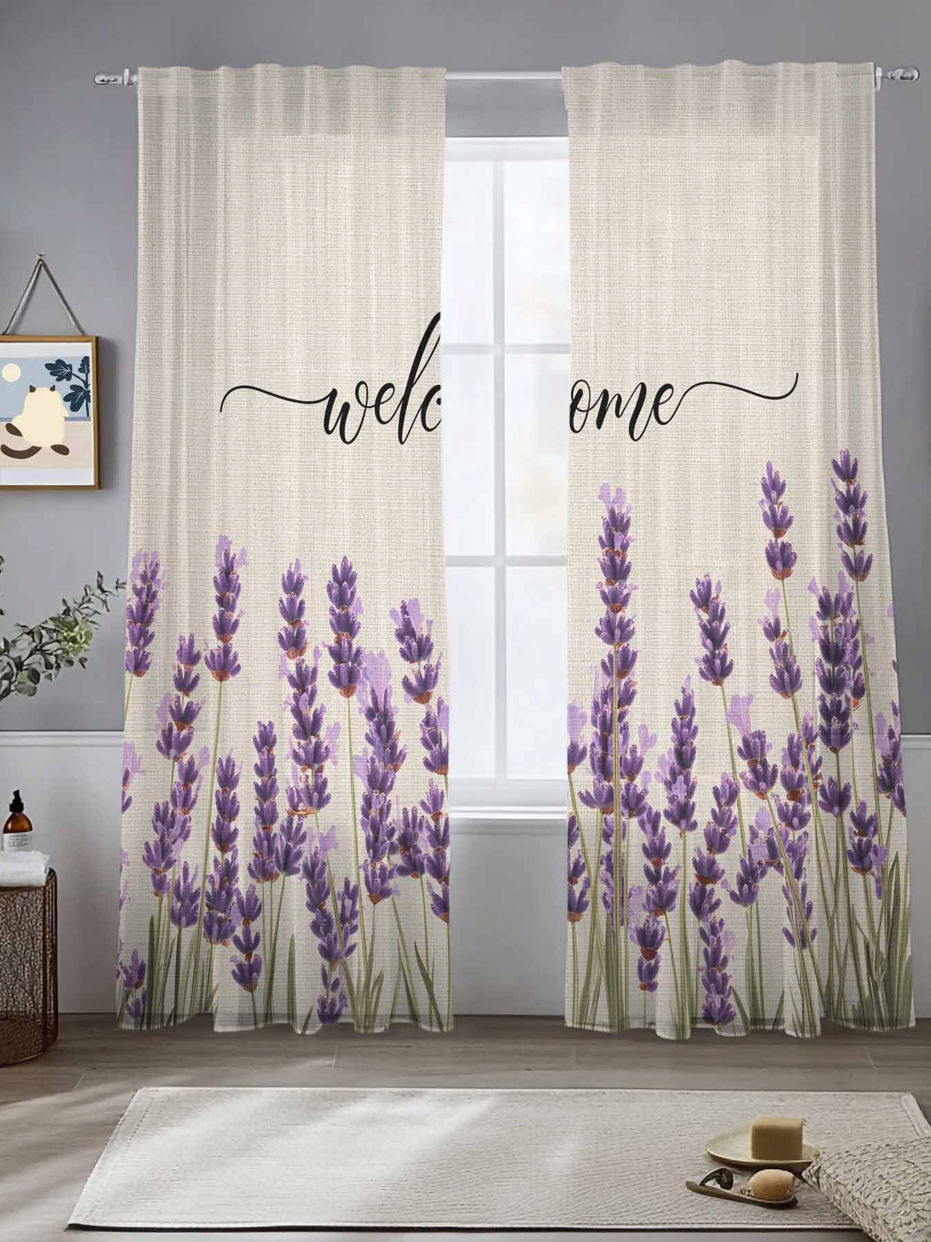 Purple Lavender Sheer Curtains 84 Inch Long 2 Panels, Spring Pastoral Linen Texture Light Filtering Rod Pocket Semi Sheer Curtains, Sheer Voile Drapes for Living Room Bedroom, 52"x84"