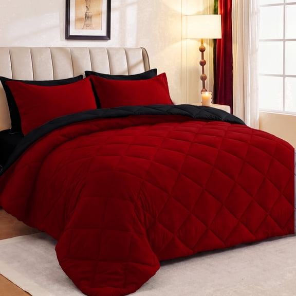 Sasttie 7 Pieces Queen Comforter Set, Reversible Bed in a Bag, All Season Bedding Set with Comforter, Flat Sheet, Fitted Sheet, Pillowcases & Shams, Red & Black