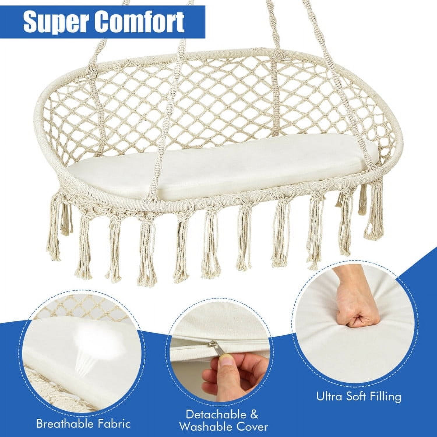 Aimee Lii 2 Person Hanging Hammock Chair with Cushion Macrame Swing, Patio Swing Chair, Beige