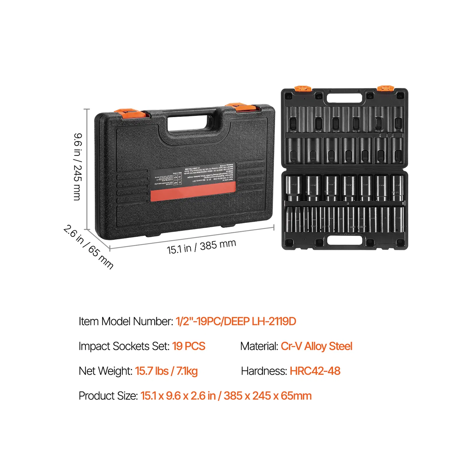 19-Piece 1/2-Inch Deep Impact Socket Set with 6-Point Cr-V Construction,Includes Sizes from 3/8 to 1-1/2 Inch and Storage Cage for Easy Organization
