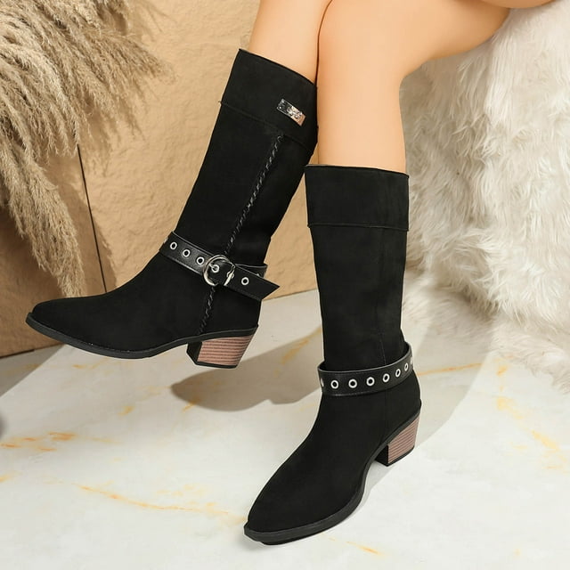 zhenglin Bottes Mi-Mollet pour Femmes en Daim Décontractées Rétro Talon Épais - Sangle Réglable Design Talon Bas Tendance Style Automne Hiver Bottines Polyvalentes